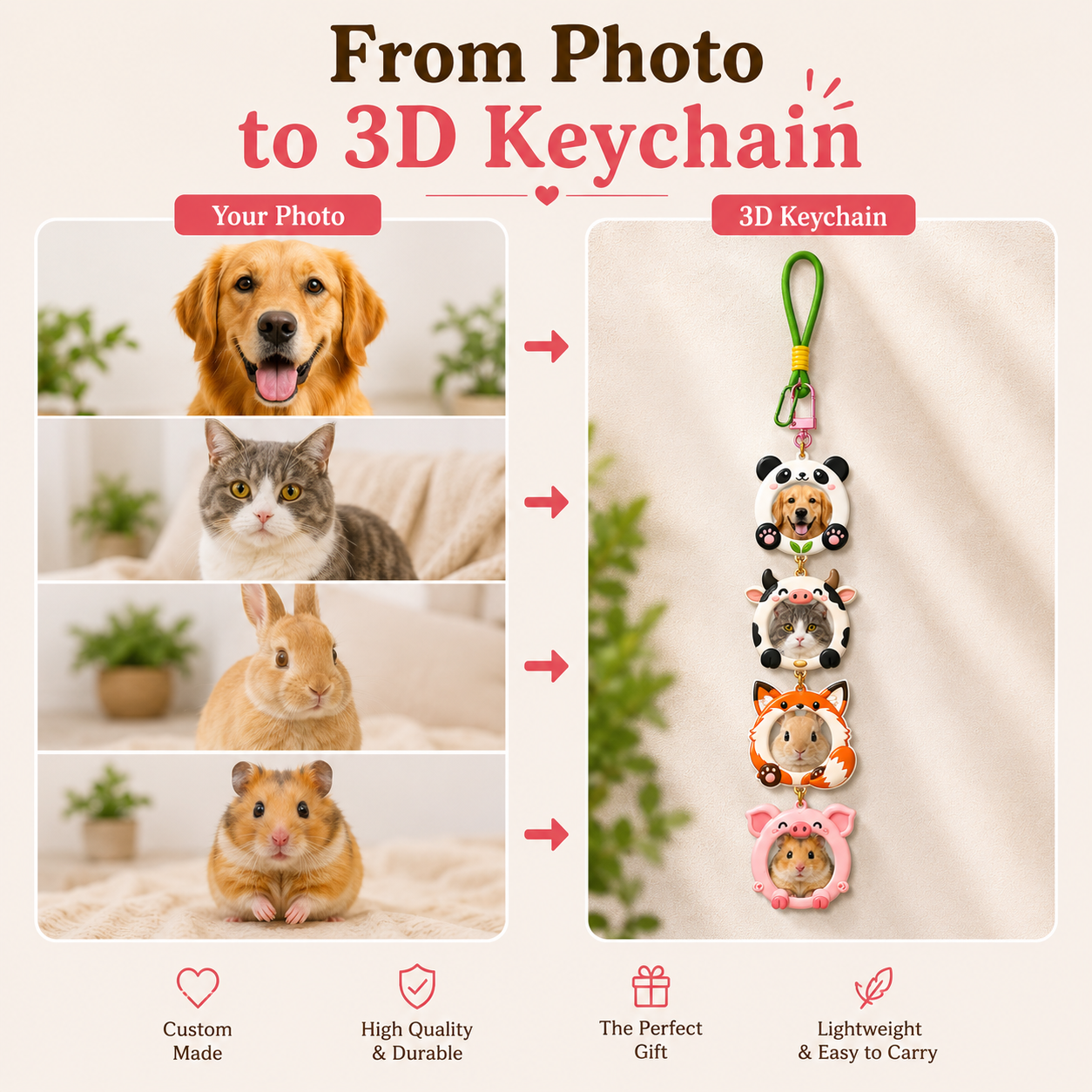 Animal Buddy Pet Stackies™ Custom 3D Pet Charms – Panda, Bunny & Cute Animal-Inspired Dog & Cat Keychain Gift
