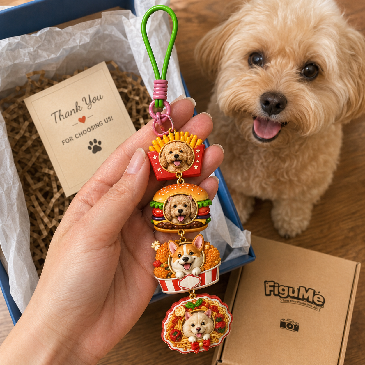 Foodie Pet Stackies™ Custom 3D Pet Charms – Burger, Fries & Fun Food-Inspired Dog & Cat Keychain Gift
