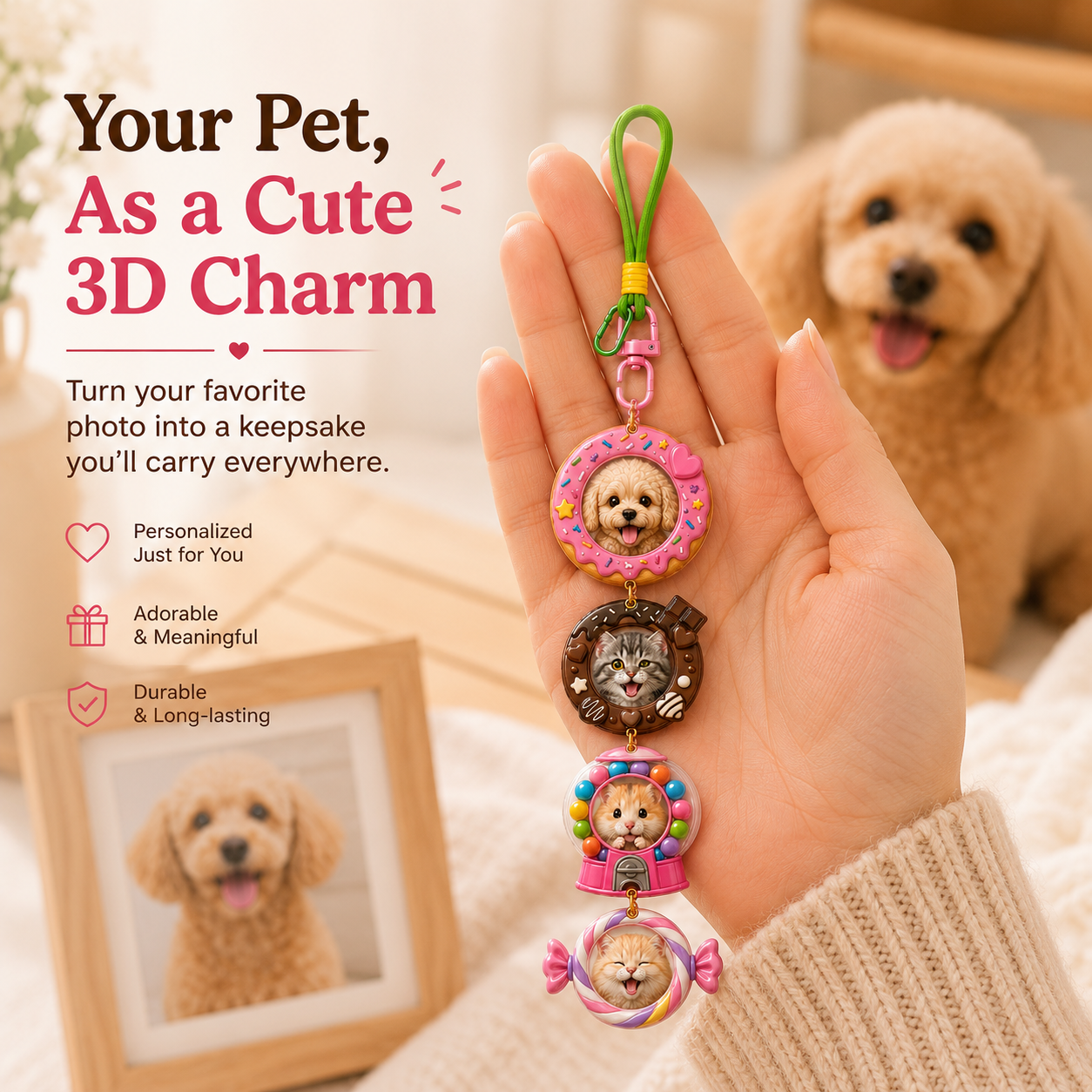 Sweet Treat Pet Stackies™ Custom 3D Pet Charms – Candy, Cake & Dessert-Inspired Dog & Cat Keychain Gift