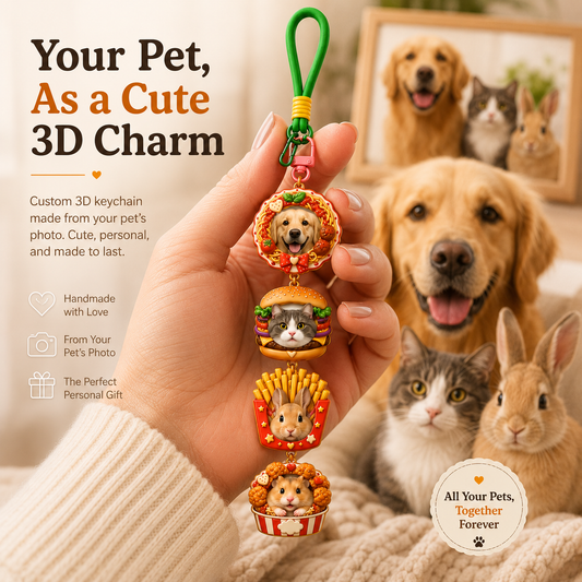 Foodie Pet Stackies-Custom 3D Pet Charms – Burger, Fries & Fun Food-Inspired Dog & Cat Keychain Gift
