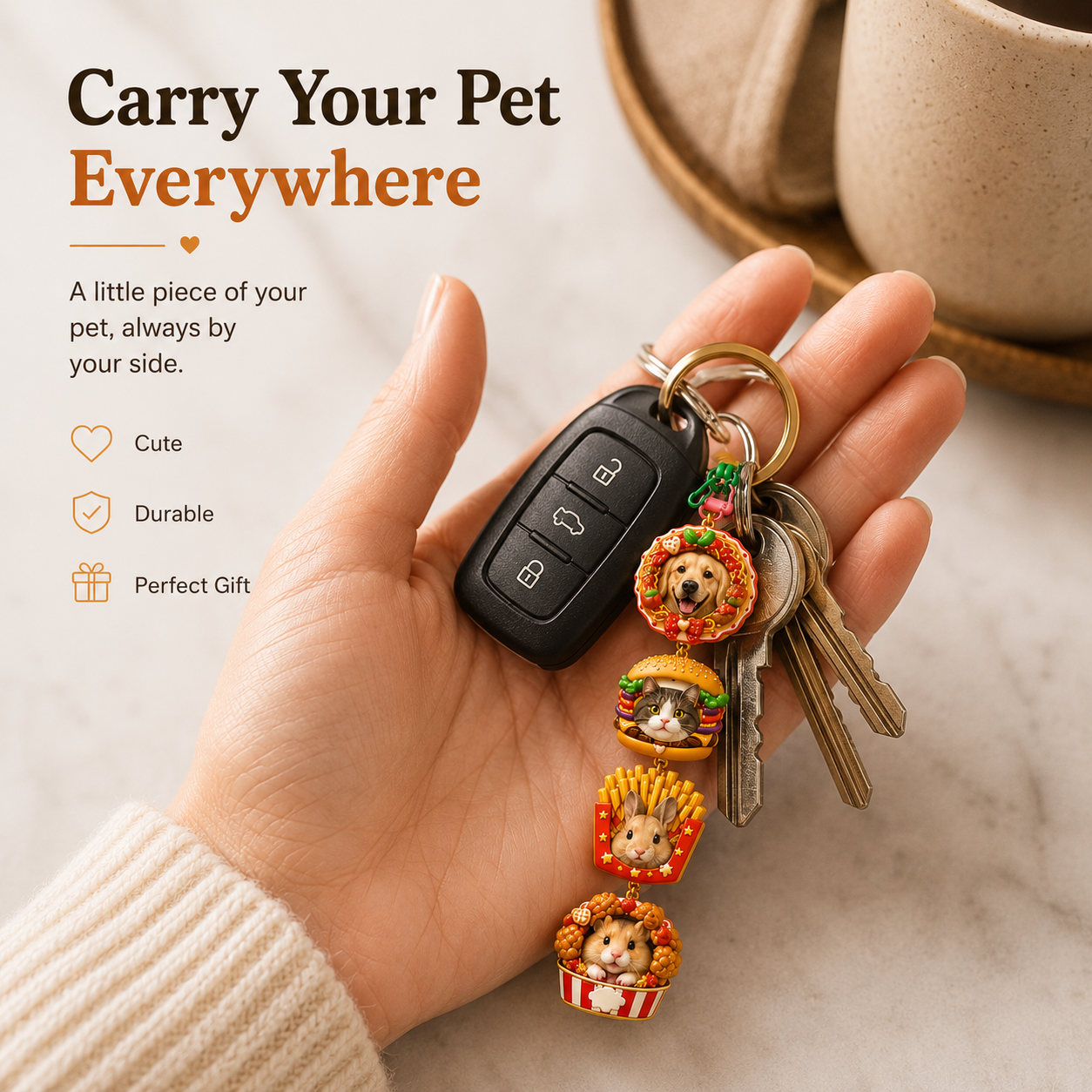 Foodie Pet Stackies™ Custom 3D Pet Charms – Burger, Fries & Fun Food-Inspired Dog & Cat Keychain Gift