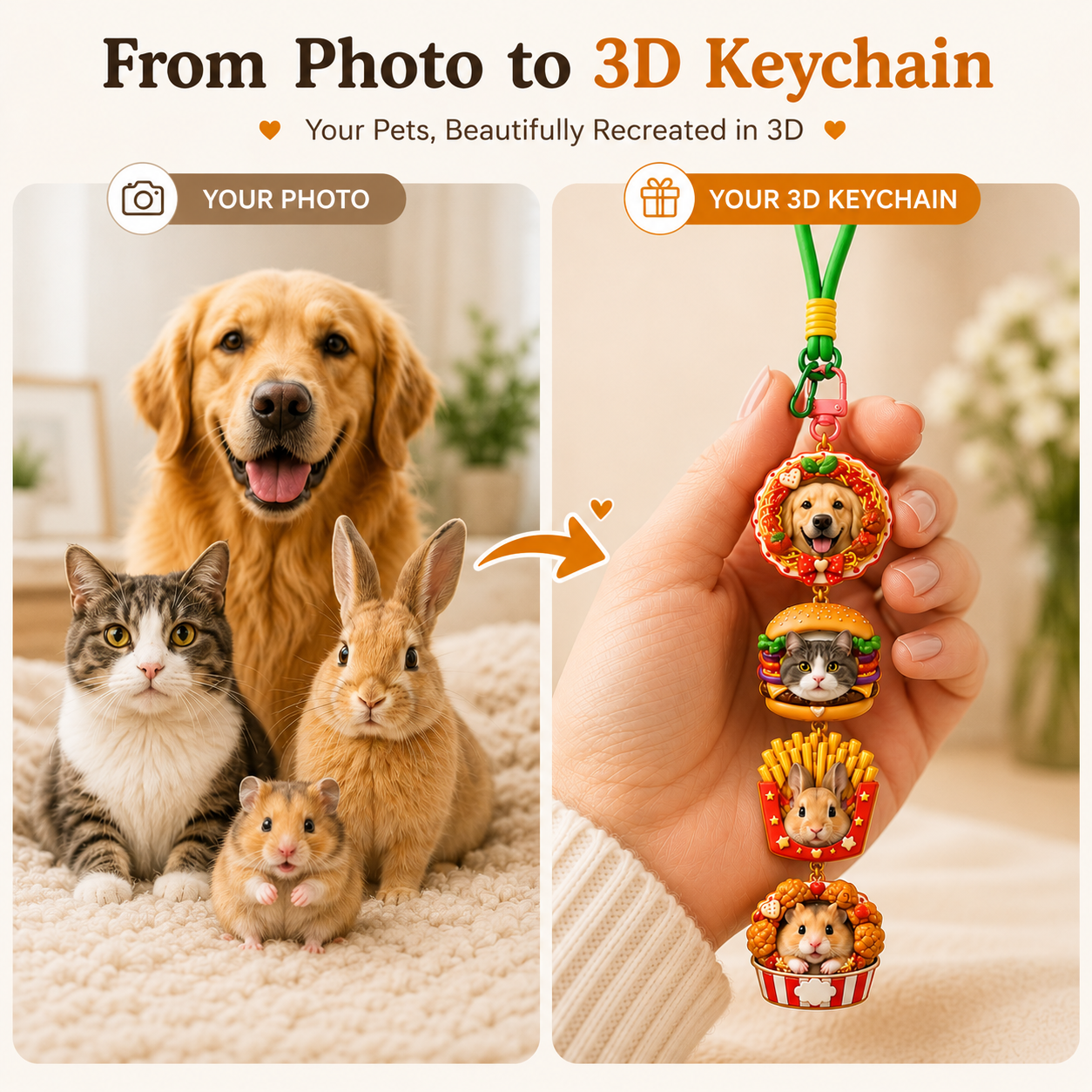 Foodie Pet Stackies™ Custom 3D Pet Charms – Burger, Fries & Fun Food-Inspired Dog & Cat Keychain Gift